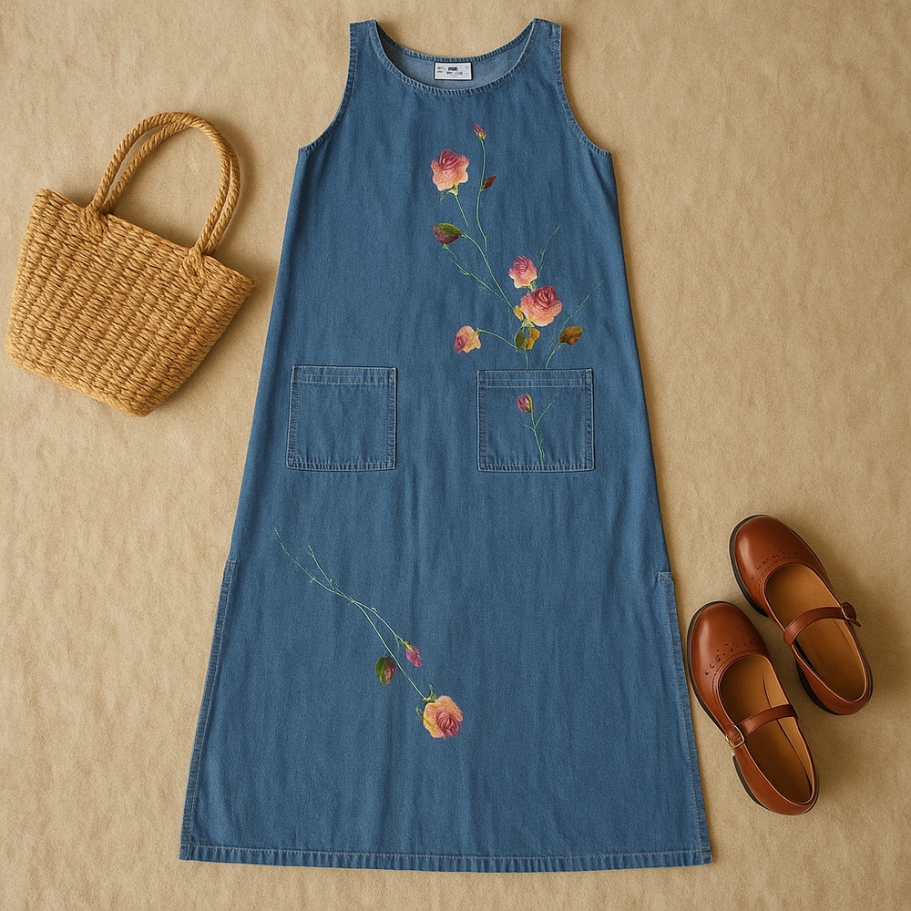 🌸 Vintage Viva Hand-Painted Denim Dress – Made in California – Size Small